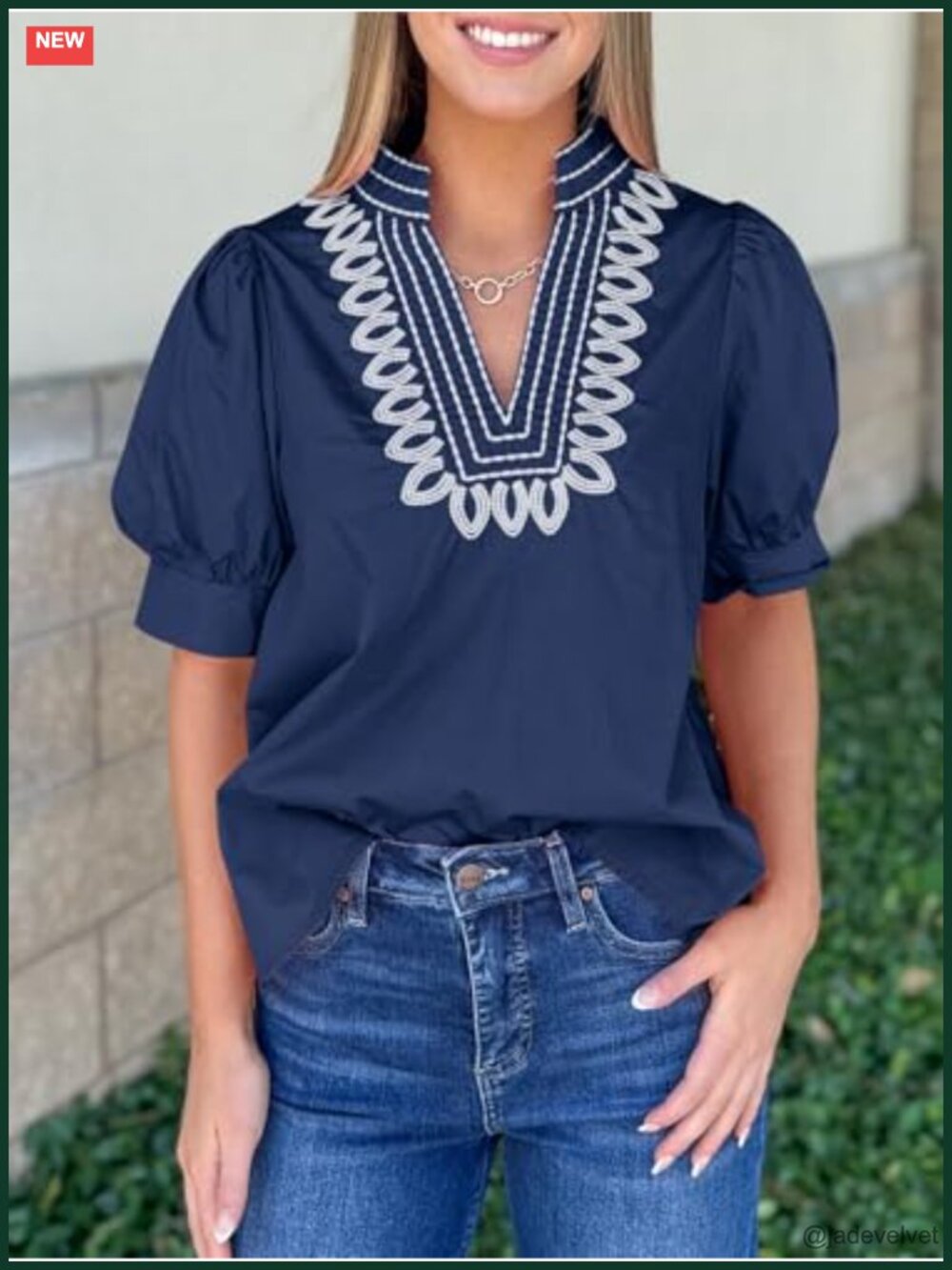 Puff Short Sleeve Blouse Embroidered V Neck Loose Fit Summer Top - Picture 2 of 6